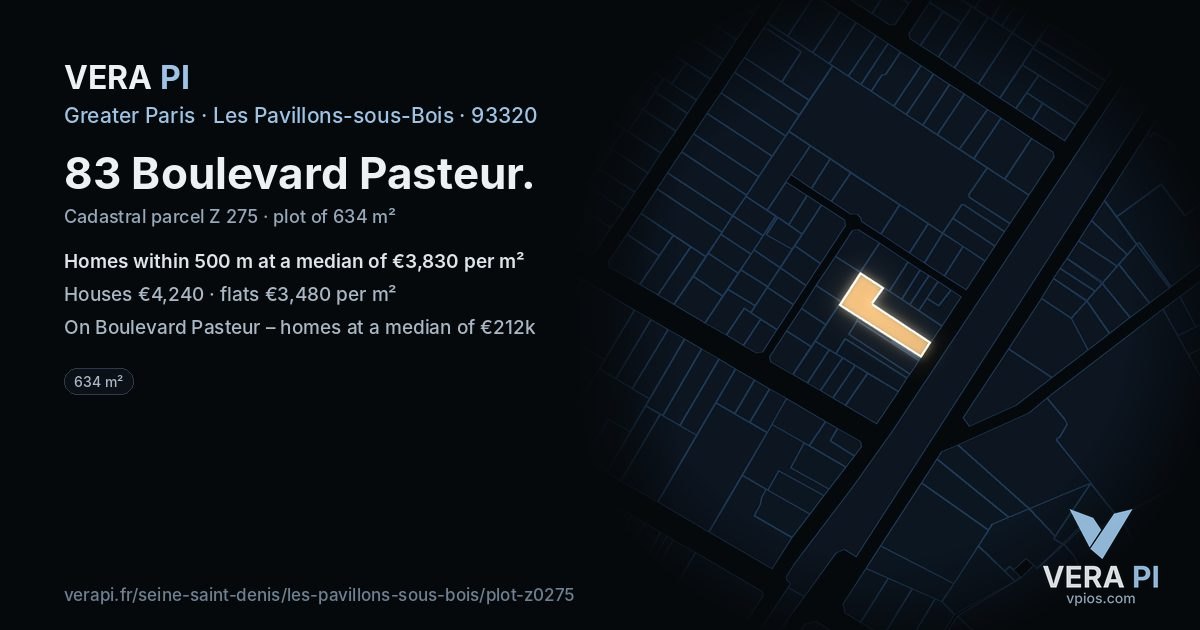 83 Boulevard Pasteur, Les Pavillons-sous-Bois at night – the plot lit, the parcels around coloured by the prices near them
