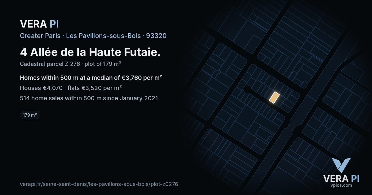 4 Allée de la Haute Futaie, Les Pavillons-sous-Bois at night – the plot lit, the parcels around coloured by the prices near them