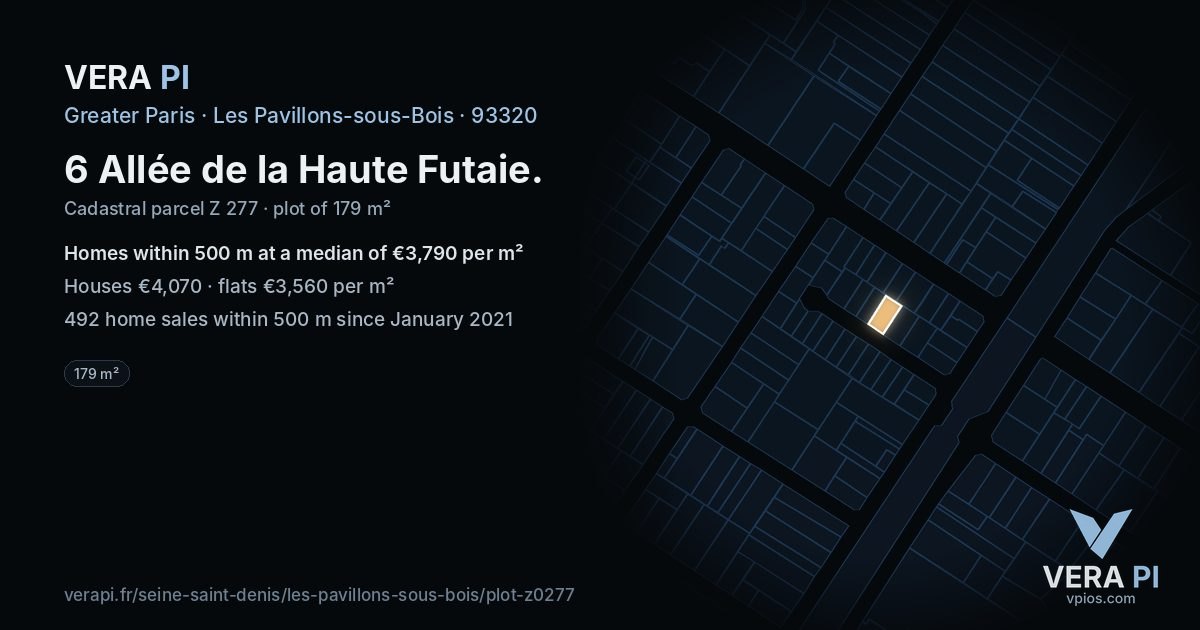 6 Allée de la Haute Futaie, Les Pavillons-sous-Bois at night – the plot lit, the parcels around coloured by the prices near them