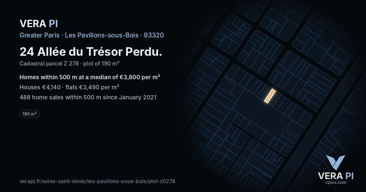 24 Allée du Trésor Perdu, Les Pavillons-sous-Bois at night – the plot lit, the parcels around coloured by the prices near them