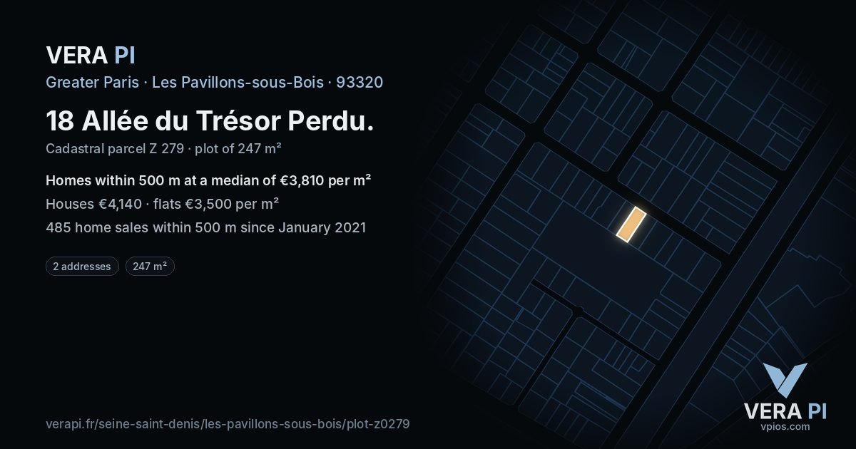 18 Allée du Trésor Perdu, Les Pavillons-sous-Bois at night – the plot lit, the parcels around coloured by the prices near them