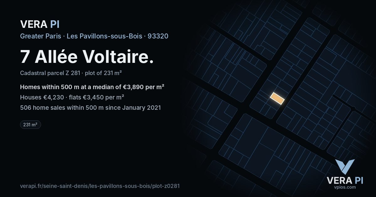 7 Allée Voltaire, Les Pavillons-sous-Bois at night – the plot lit, the parcels around coloured by the prices near them