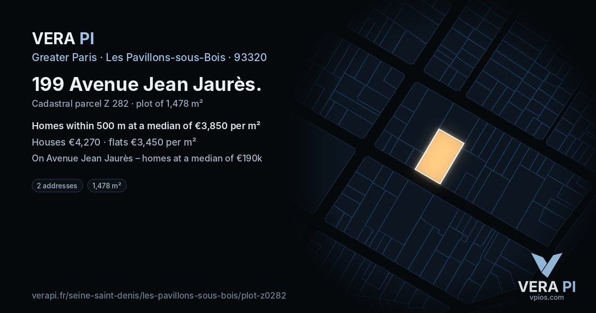 199 Avenue Jean Jaurès, Les Pavillons-sous-Bois at night – the plot lit, the parcels around coloured by the prices near them