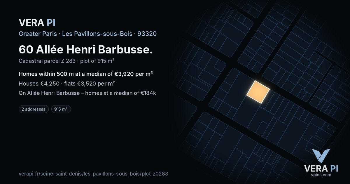 60 Allée Henri Barbusse, Les Pavillons-sous-Bois at night – the plot lit, the parcels around coloured by the prices near them