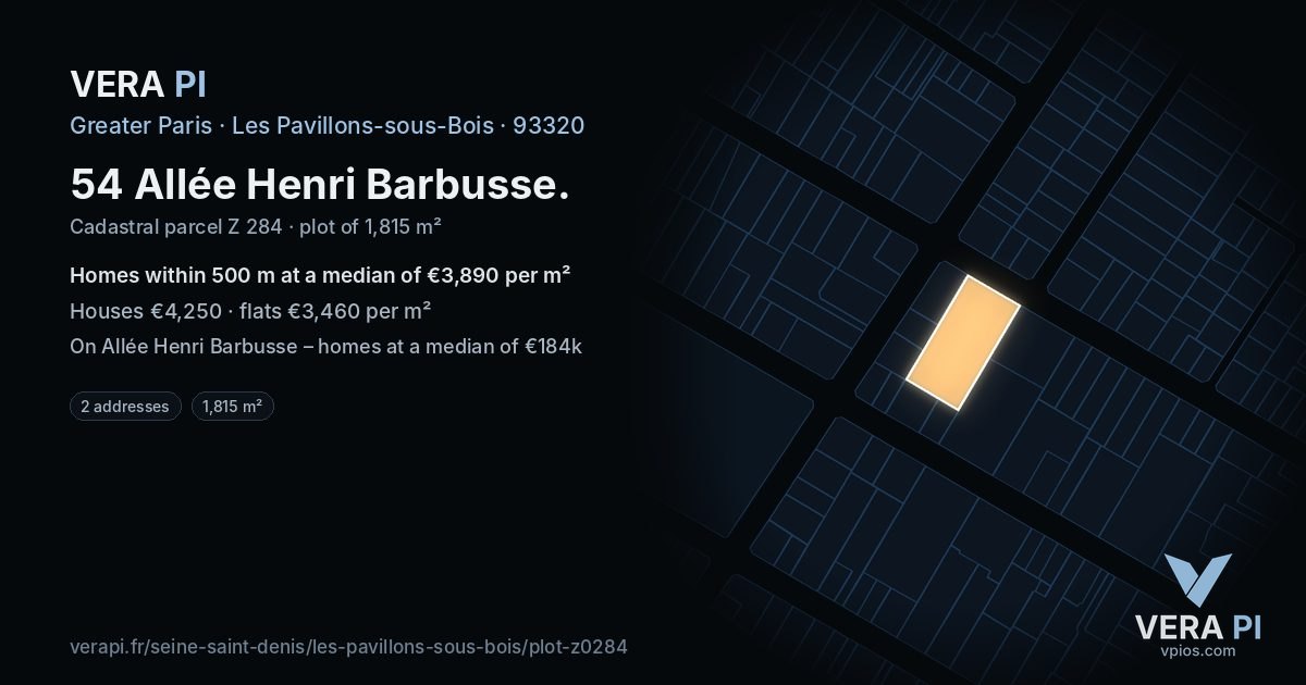 54 Allée Henri Barbusse, Les Pavillons-sous-Bois at night – the plot lit, the parcels around coloured by the prices near them