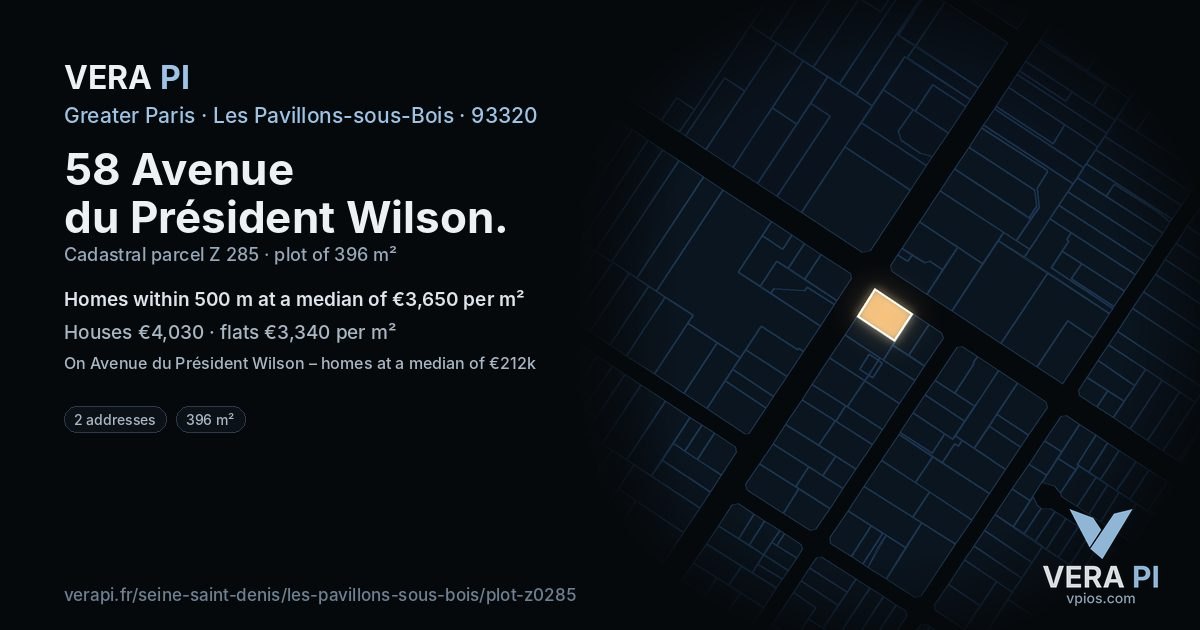58 Avenue du Président Wilson, Les Pavillons-sous-Bois at night – the plot lit, the parcels around coloured by the prices near them