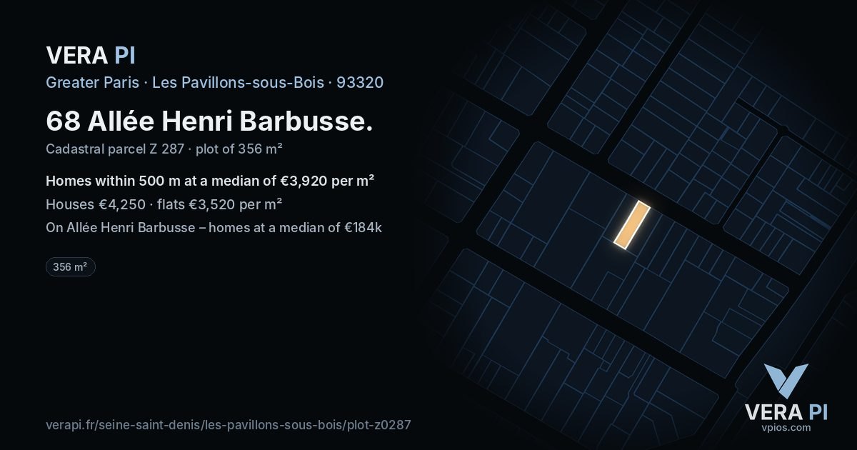68 Allée Henri Barbusse, Les Pavillons-sous-Bois at night – the plot lit, the parcels around coloured by the prices near them