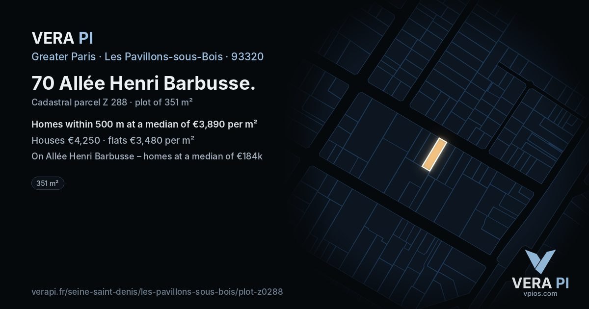 70 Allée Henri Barbusse, Les Pavillons-sous-Bois at night – the plot lit, the parcels around coloured by the prices near them