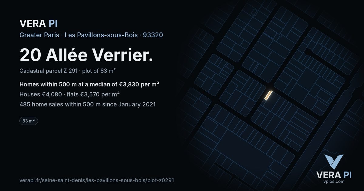 20 Allée Verrier, Les Pavillons-sous-Bois at night – the plot lit, the parcels around coloured by the prices near them