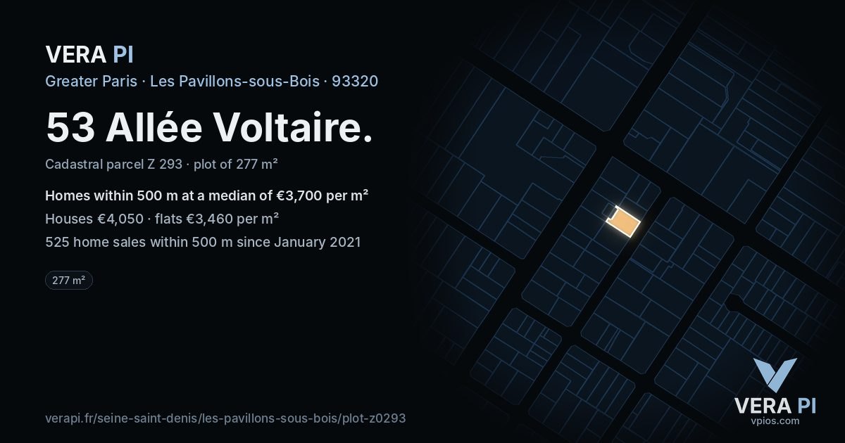 53 Allée Voltaire, Les Pavillons-sous-Bois at night – the plot lit, the parcels around coloured by the prices near them