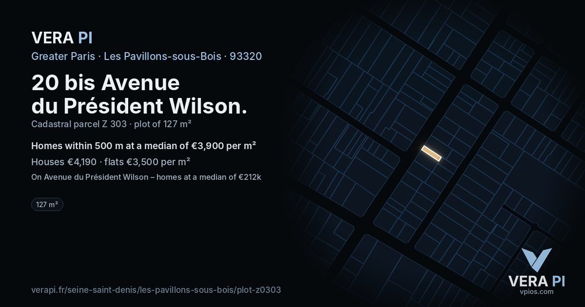 20 bis Avenue du Président Wilson, Les Pavillons-sous-Bois at night – the plot lit, the parcels around coloured by the prices near them
