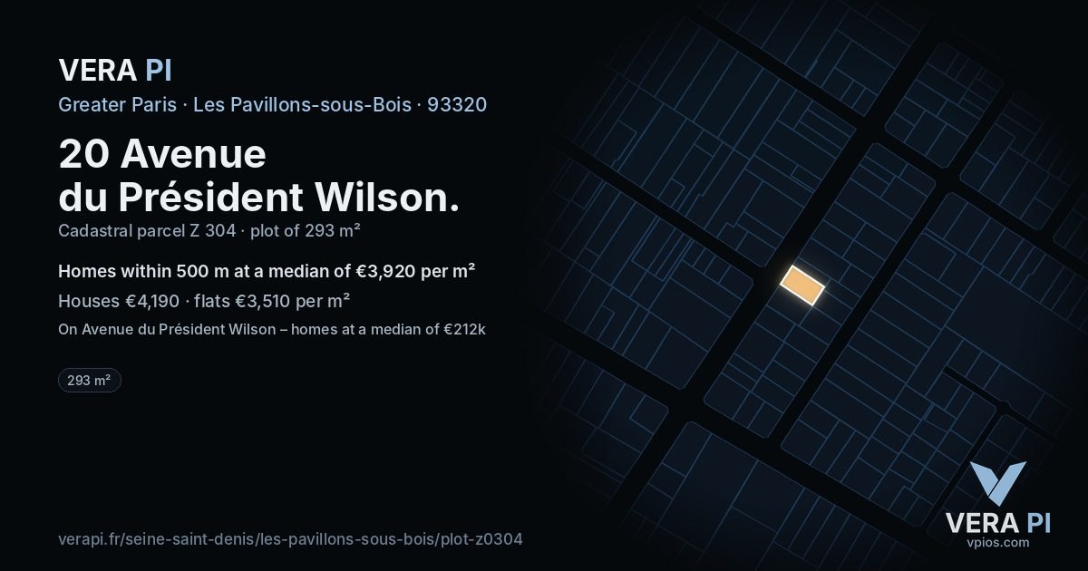 20 Avenue du Président Wilson, Les Pavillons-sous-Bois at night – the plot lit, the parcels around coloured by the prices near them