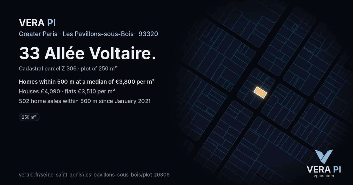 33 Allée Voltaire, Les Pavillons-sous-Bois at night – the plot lit, the parcels around coloured by the prices near them