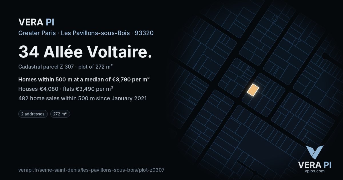 34 Allée Voltaire, Les Pavillons-sous-Bois at night – the plot lit, the parcels around coloured by the prices near them