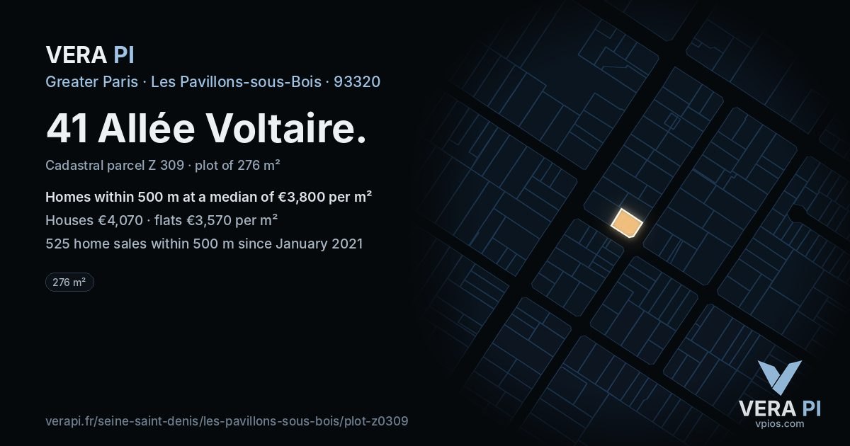 41 Allée Voltaire, Les Pavillons-sous-Bois at night – the plot lit, the parcels around coloured by the prices near them
