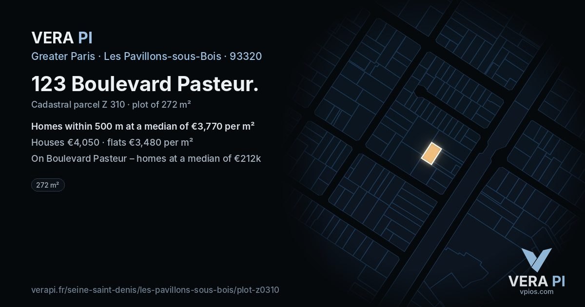 123 Boulevard Pasteur, Les Pavillons-sous-Bois at night – the plot lit, the parcels around coloured by the prices near them