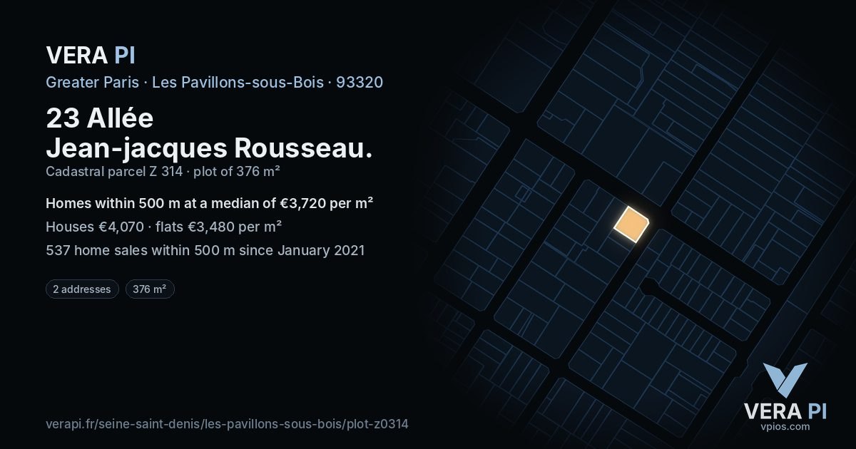23 Allée Jean-jacques Rousseau, Les Pavillons-sous-Bois at night – the plot lit, the parcels around coloured by the prices near them