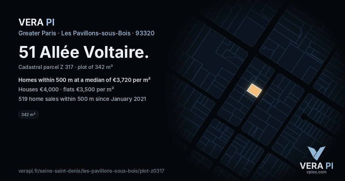 51 Allée Voltaire, Les Pavillons-sous-Bois at night – the plot lit, the parcels around coloured by the prices near them