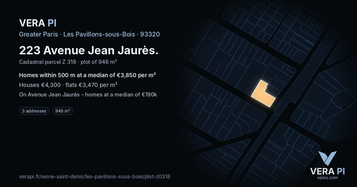 223 Avenue Jean Jaurès, Les Pavillons-sous-Bois at night – the plot lit, the parcels around coloured by the prices near them