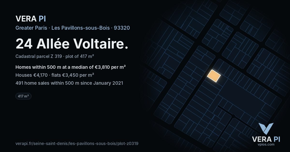 24 Allée Voltaire, Les Pavillons-sous-Bois at night – the plot lit, the parcels around coloured by the prices near them