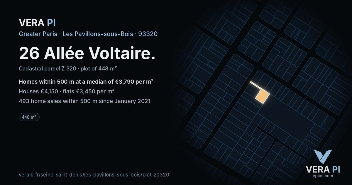 26 Allée Voltaire, Les Pavillons-sous-Bois at night – the plot lit, the parcels around coloured by the prices near them