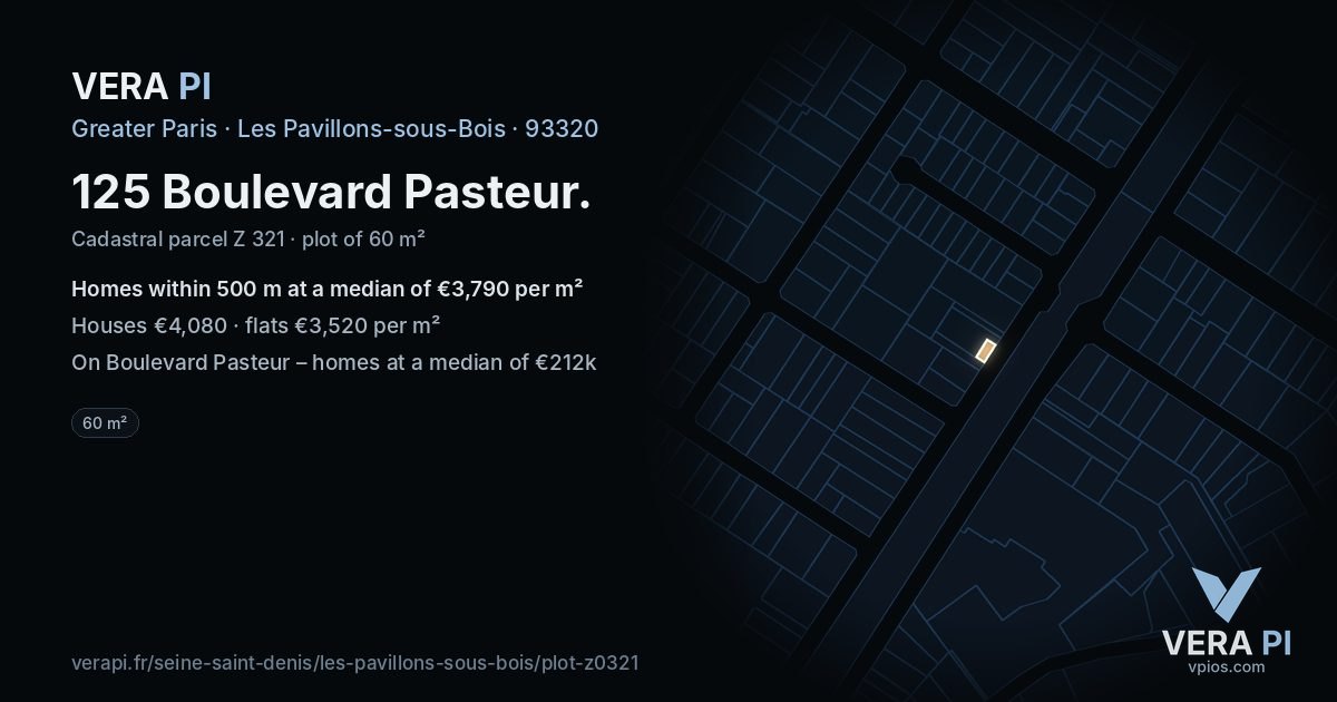 125 Boulevard Pasteur, Les Pavillons-sous-Bois at night – the plot lit, the parcels around coloured by the prices near them