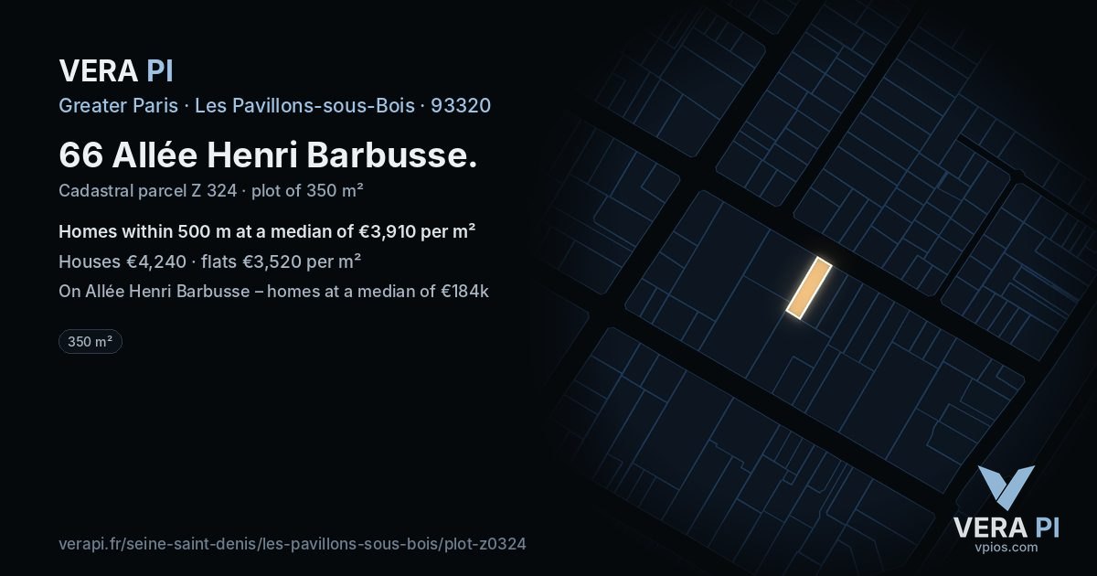 66 Allée Henri Barbusse, Les Pavillons-sous-Bois at night – the plot lit, the parcels around coloured by the prices near them