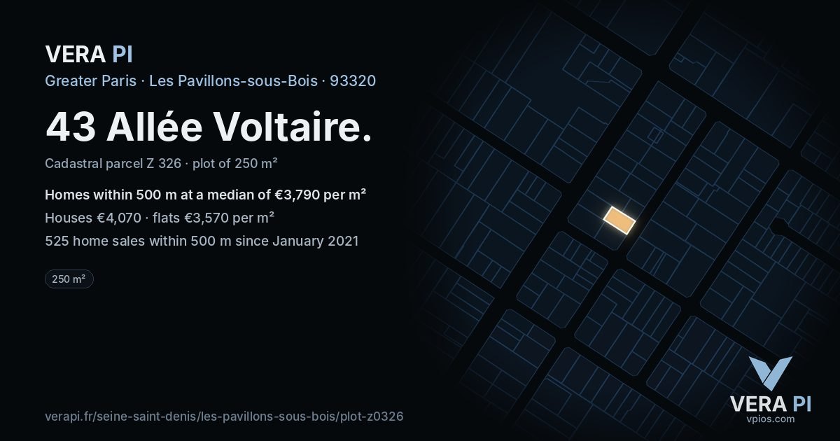 43 Allée Voltaire, Les Pavillons-sous-Bois at night – the plot lit, the parcels around coloured by the prices near them