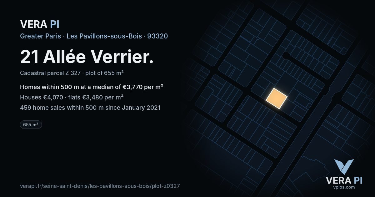 21 Allée Verrier, Les Pavillons-sous-Bois at night – the plot lit, the parcels around coloured by the prices near them