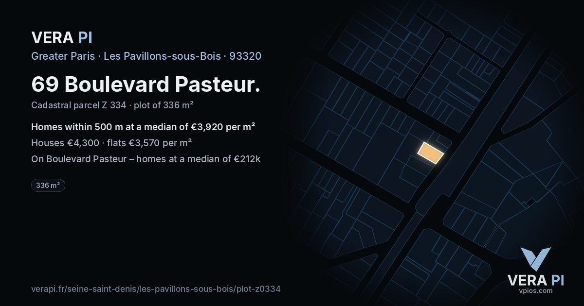 69 Boulevard Pasteur, Les Pavillons-sous-Bois at night – the plot lit, the parcels around coloured by the prices near them