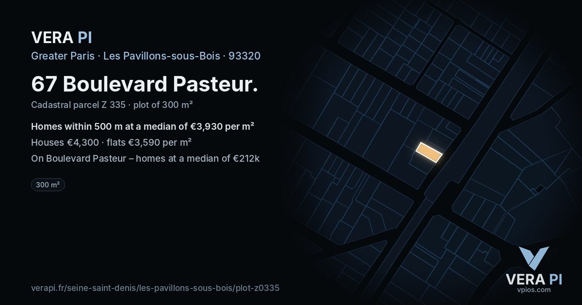 67 Boulevard Pasteur, Les Pavillons-sous-Bois at night – the plot lit, the parcels around coloured by the prices near them