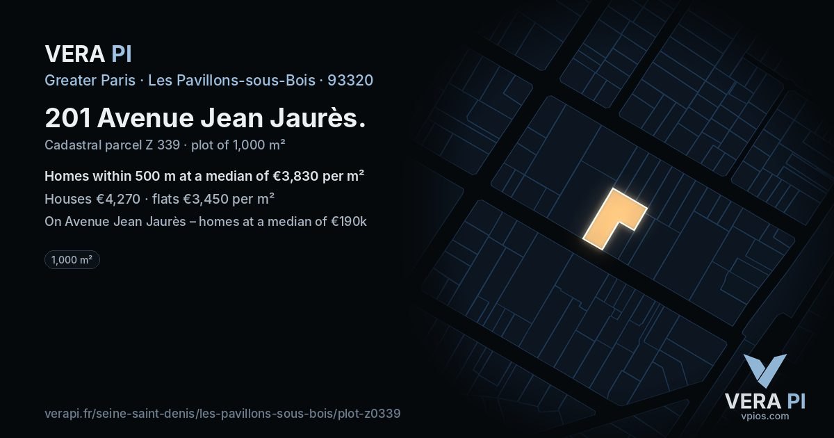 201 Avenue Jean Jaurès, Les Pavillons-sous-Bois at night – the plot lit, the parcels around coloured by the prices near them