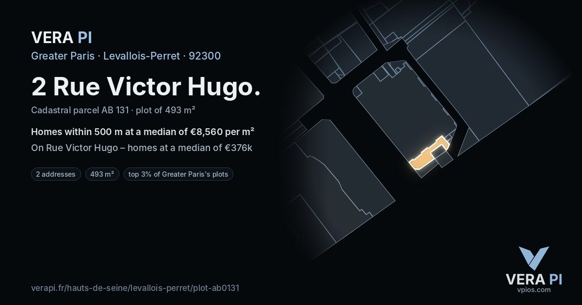 2 Rue Victor Hugo, Levallois-Perret at night – the plot lit, the parcels around coloured by the prices near them