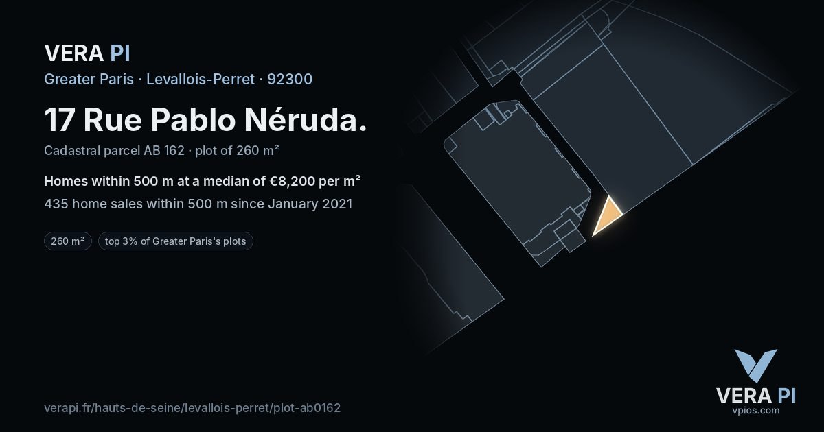 17 Rue Pablo Néruda, Levallois-Perret at night – the plot lit, the parcels around coloured by the prices near them