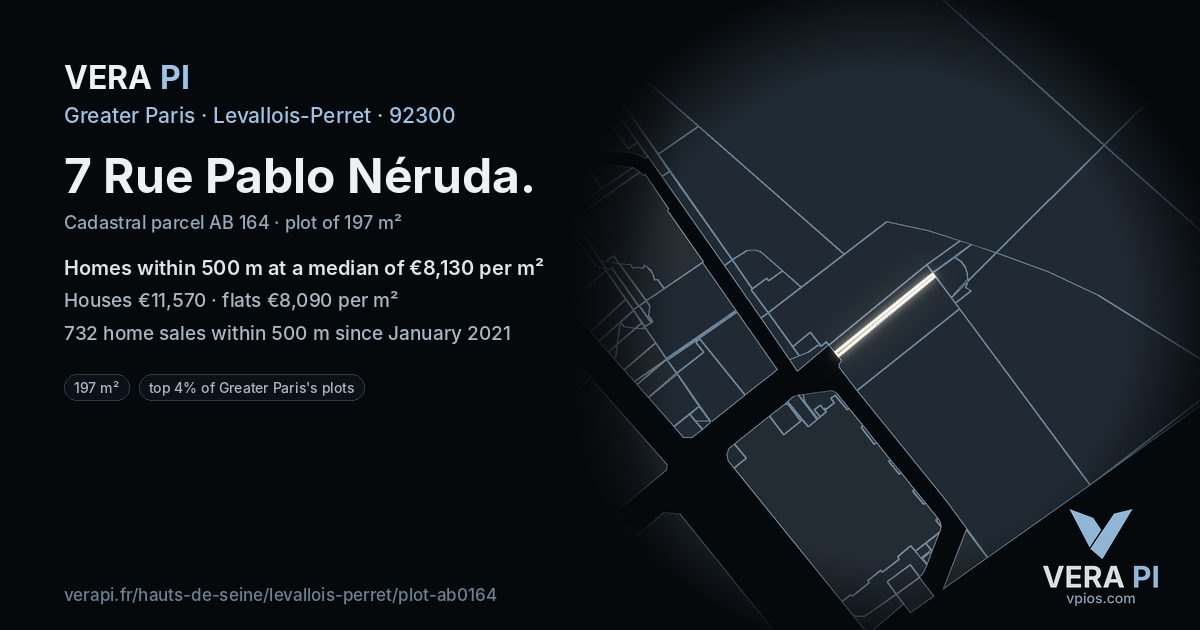 7 Rue Pablo Néruda, Levallois-Perret at night – the plot lit, the parcels around coloured by the prices near them