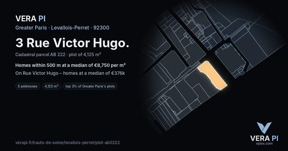 3 Rue Victor Hugo, Levallois-Perret at night – the plot lit, the parcels around coloured by the prices near them