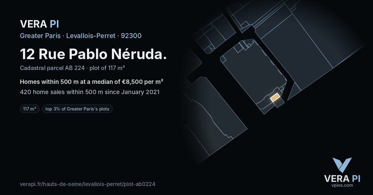 12 Rue Pablo Néruda, Levallois-Perret at night – the plot lit, the parcels around coloured by the prices near them