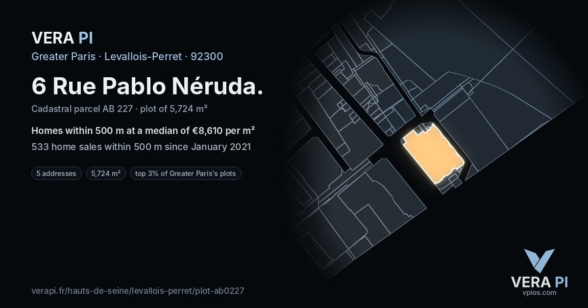 6 Rue Pablo Néruda, Levallois-Perret at night – the plot lit, the parcels around coloured by the prices near them
