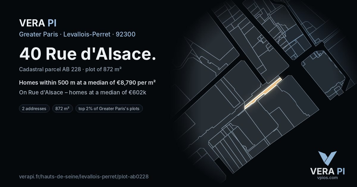 40 Rue d'Alsace, Levallois-Perret at night – the plot lit, the parcels around coloured by the prices near them