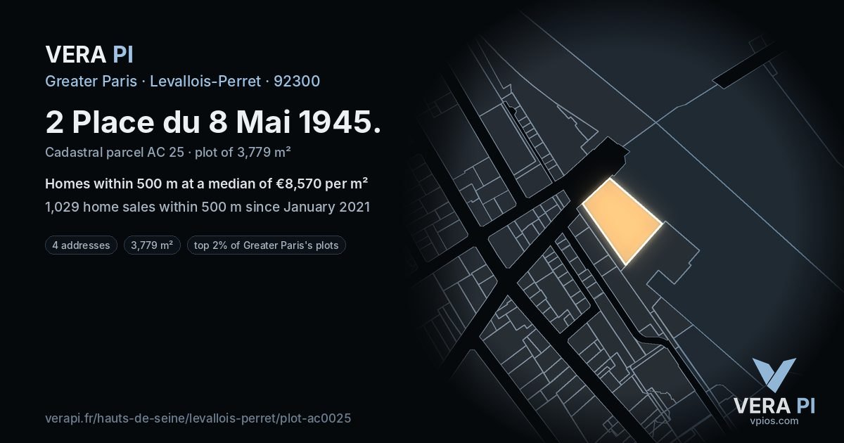 2 Place du 8 Mai 1945, Levallois-Perret at night – the plot lit, the parcels around coloured by the prices near them