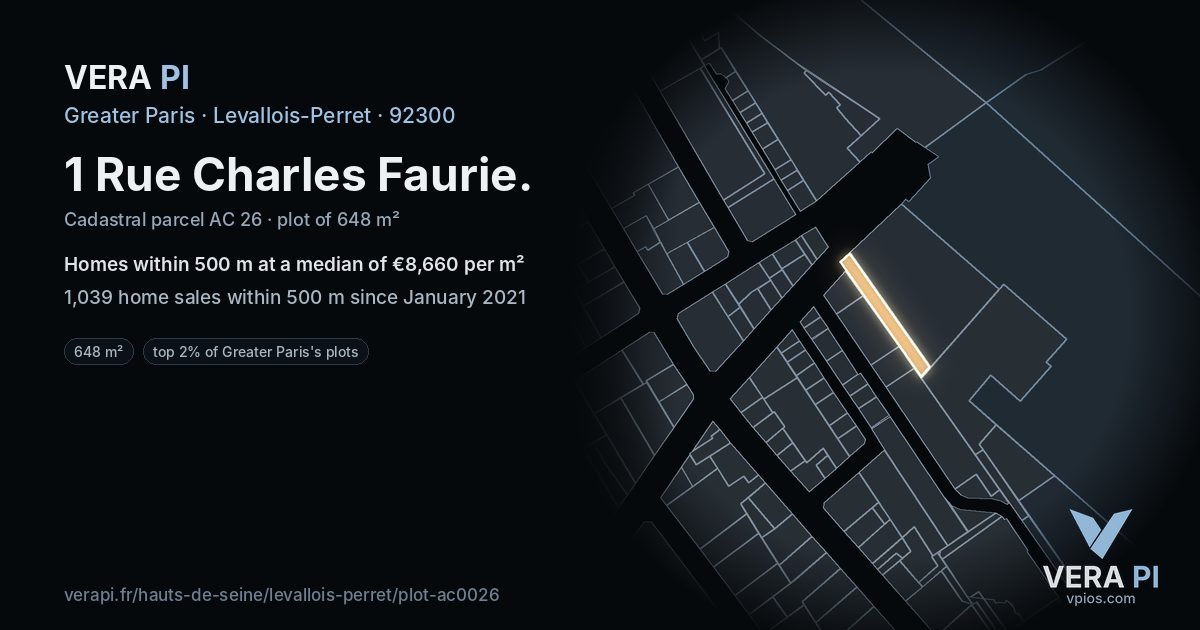 1 Rue Charles Faurie, Levallois-Perret at night – the plot lit, the parcels around coloured by the prices near them