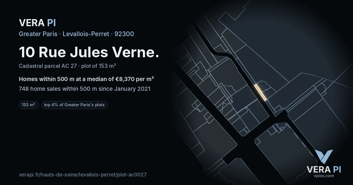 10 Rue Jules Verne, Levallois-Perret at night – the plot lit, the parcels around coloured by the prices near them