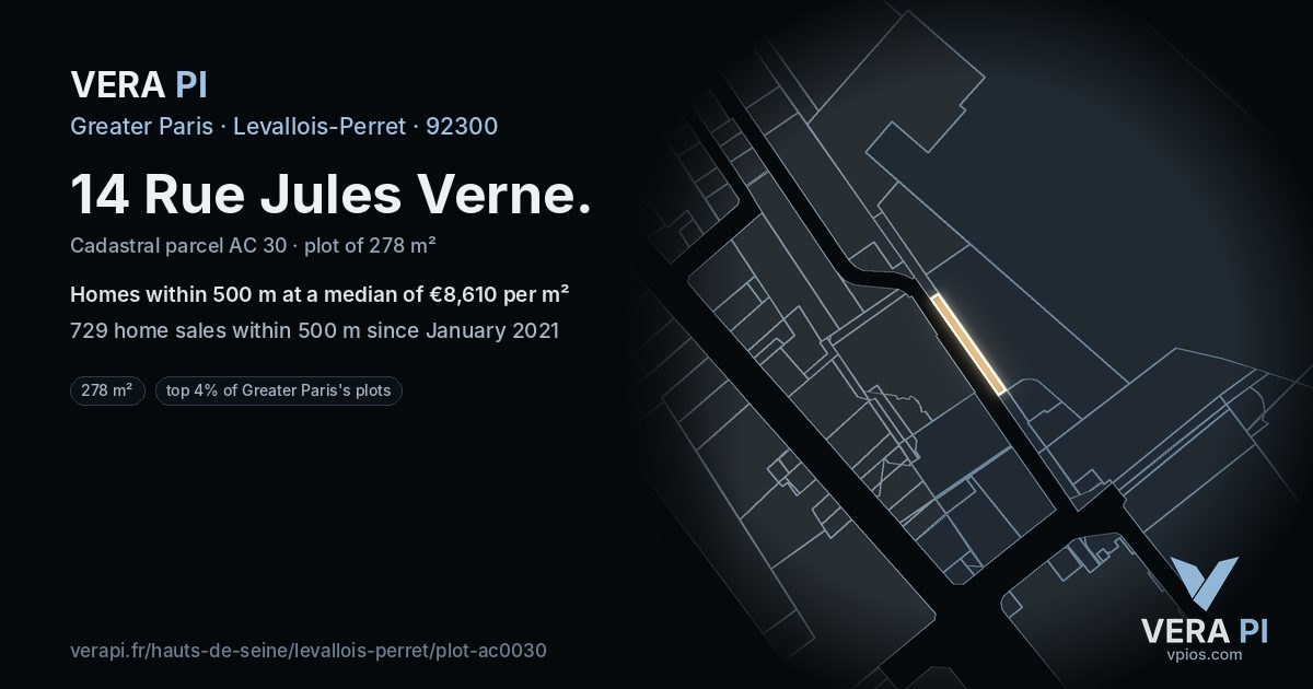 14 Rue Jules Verne, Levallois-Perret at night – the plot lit, the parcels around coloured by the prices near them