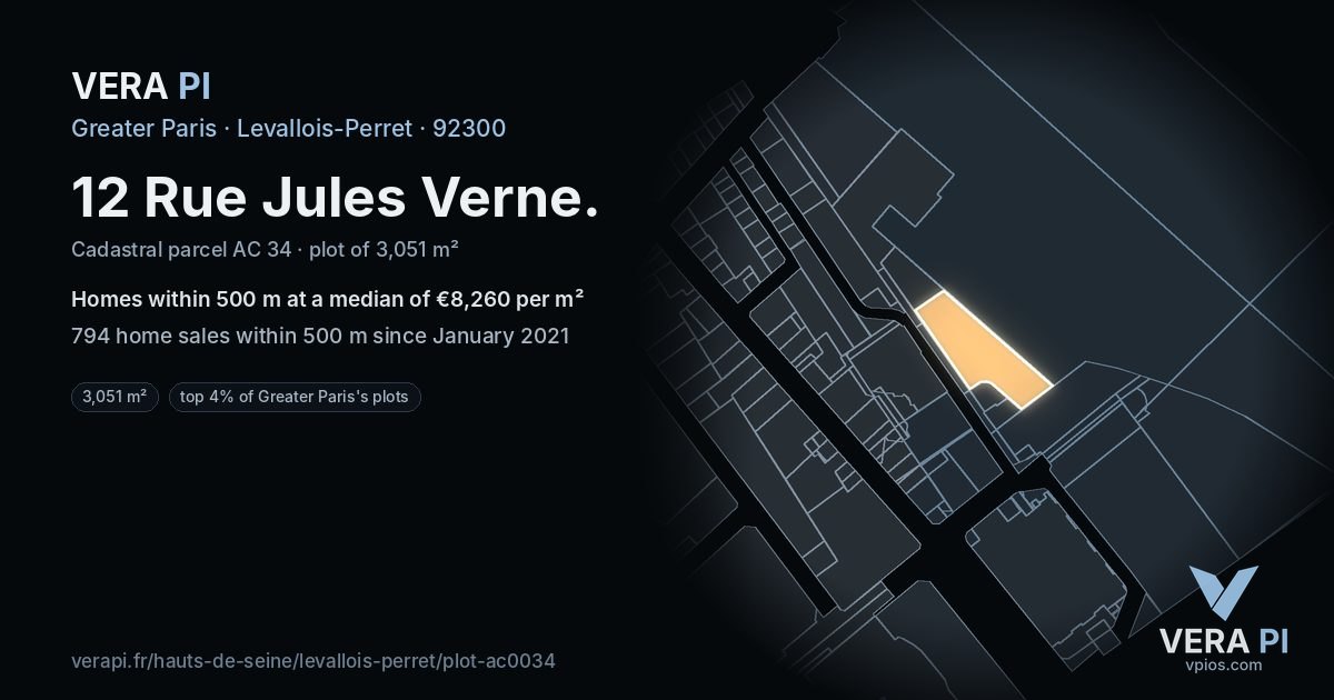 12 Rue Jules Verne, Levallois-Perret at night – the plot lit, the parcels around coloured by the prices near them