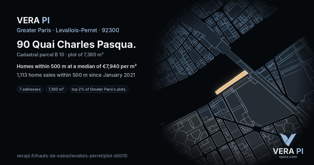 90 Quai Charles Pasqua, Levallois-Perret at night – the plot lit, the parcels around coloured by the prices near them