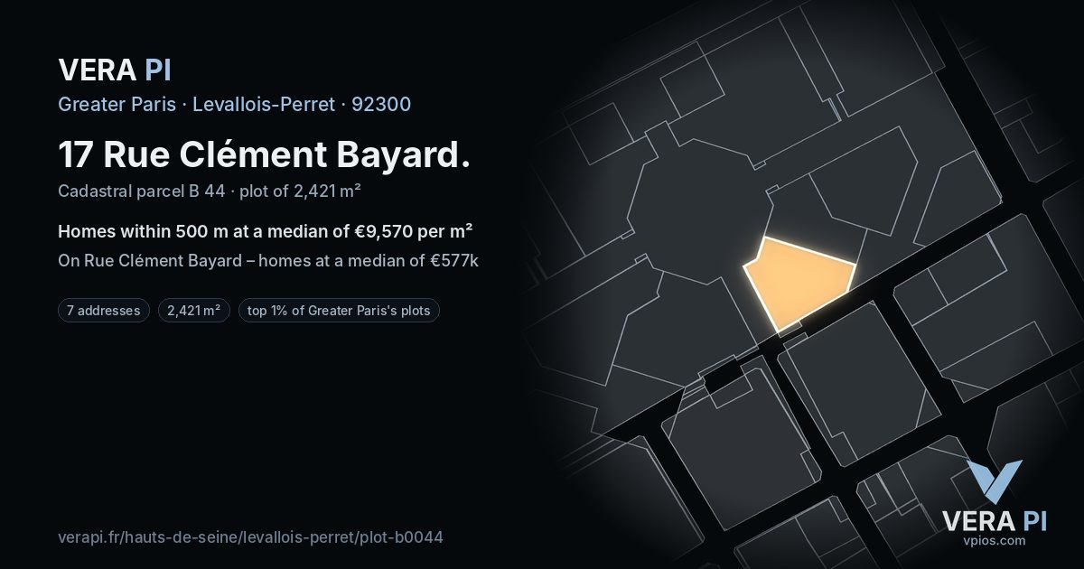 17 Rue Clément Bayard, Levallois-Perret at night – the plot lit, the parcels around coloured by the prices near them