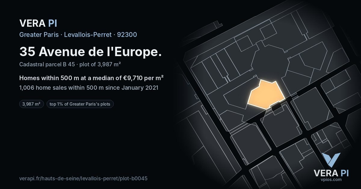 35 Avenue de l'Europe, Levallois-Perret at night – the plot lit, the parcels around coloured by the prices near them