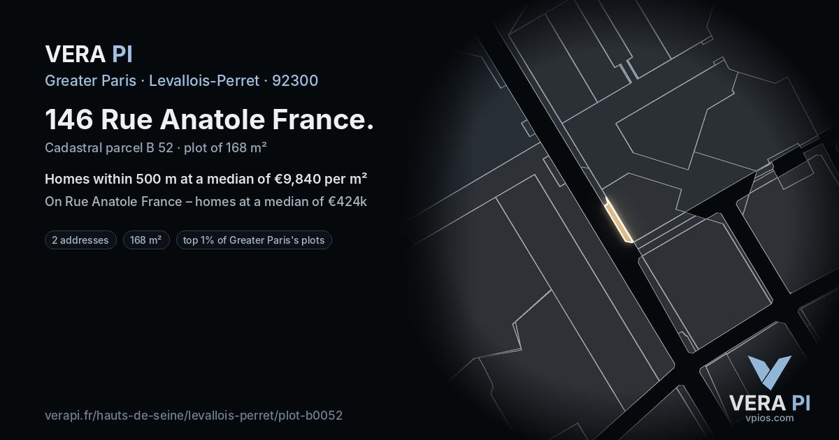146 Rue Anatole France, Levallois-Perret at night – the plot lit, the parcels around coloured by the prices near them