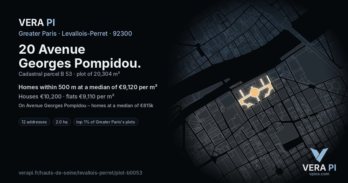 20 Avenue Georges Pompidou, Levallois-Perret at night – the plot lit, the parcels around coloured by the prices near them