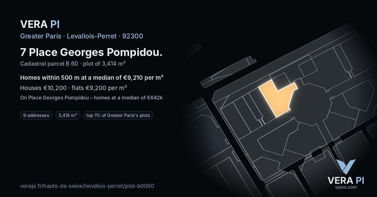 7 Place Georges Pompidou, Levallois-Perret at night – the plot lit, the parcels around coloured by the prices near them